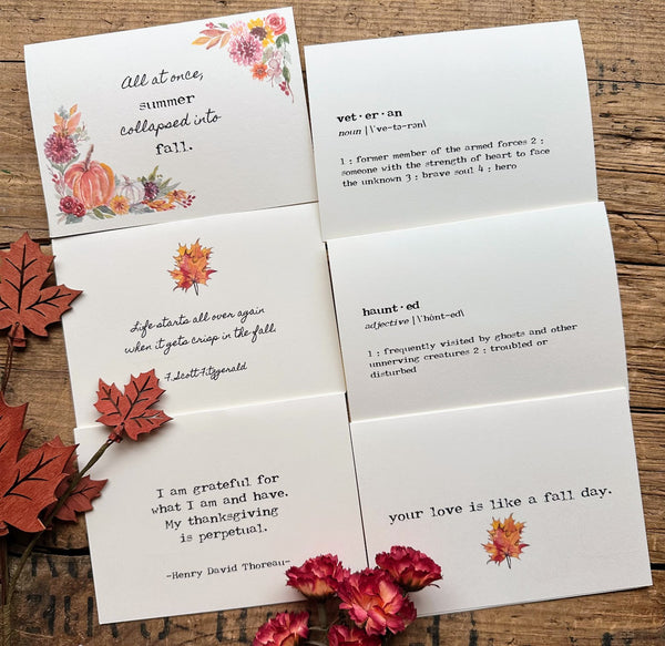 A card for every fall occasion: Halloween, Veteran's Day, Thanksgiving, and more